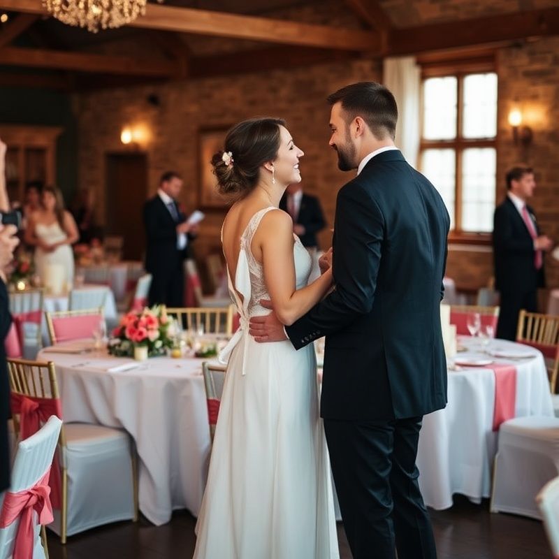 A wedding couple at a Halifax reception with coral floral accents