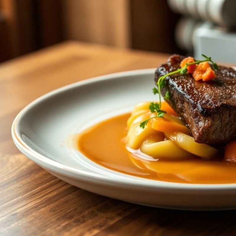 Braised short rib with Annapolis Valley apple jus, plated on cream ceramic