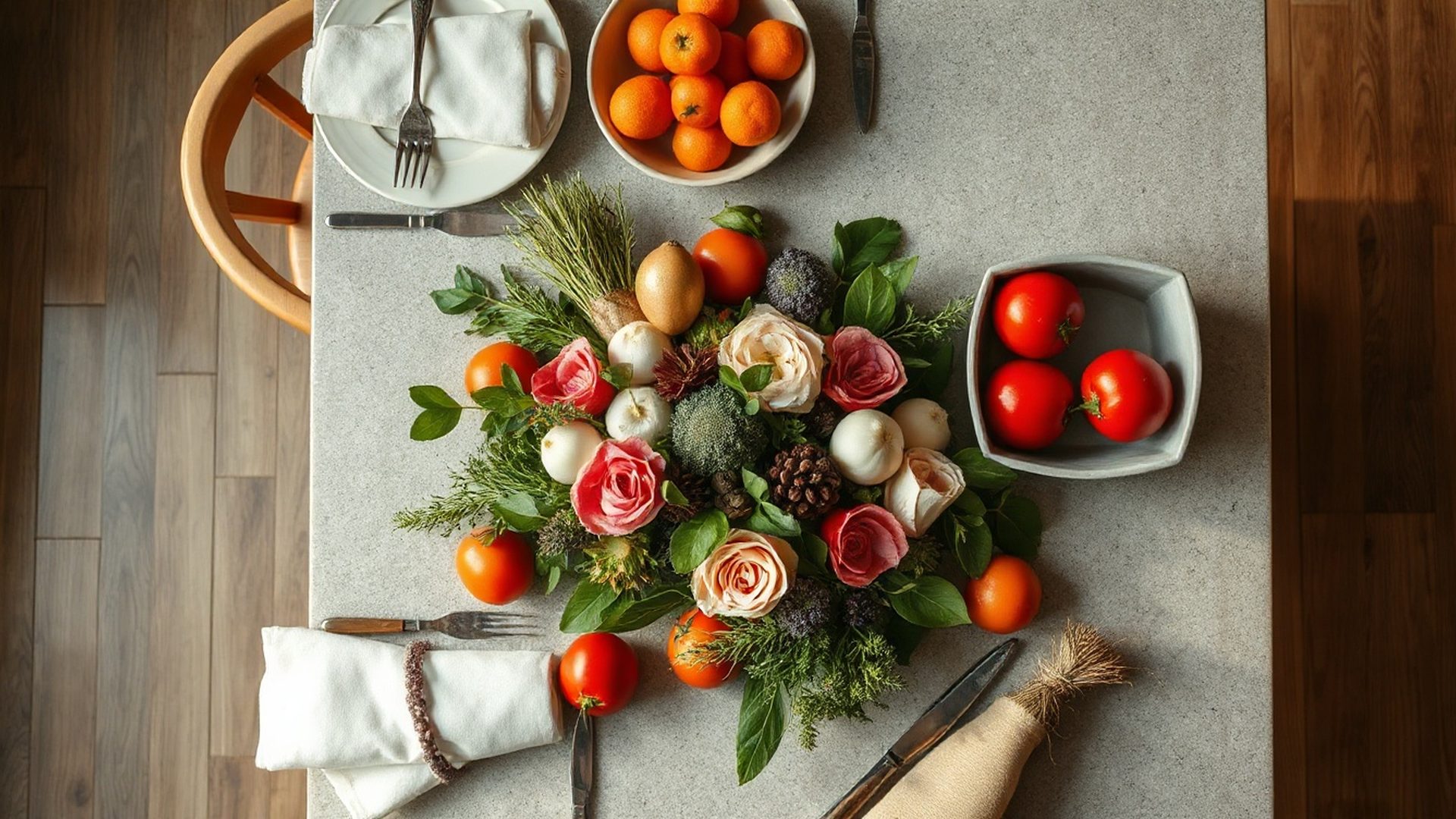 Overhead view of a bespoke seasonal catering table at a Halifax event