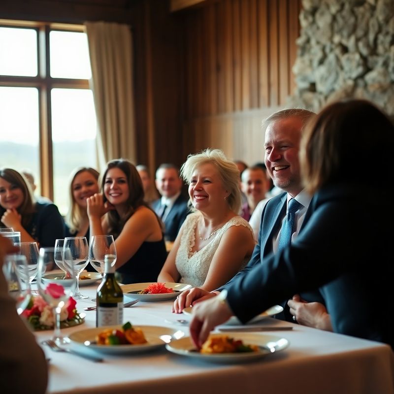 Wedding guests reacting with delight at a plated dinner course