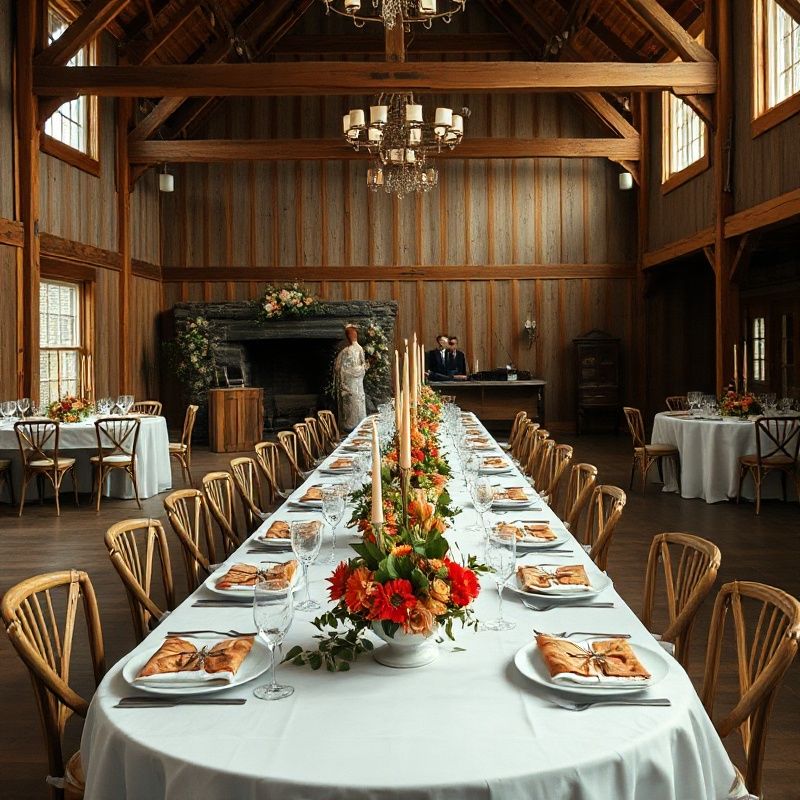 Wedding reception table laid with coral floral centrepieces in a Nova Scotia venue